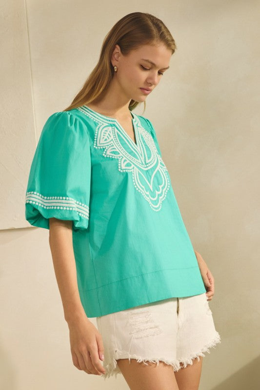 Turquoise Embroidered Poplin Top