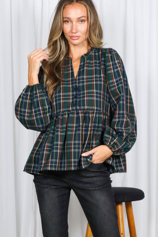 Green Plaid Peplum Button-up Top