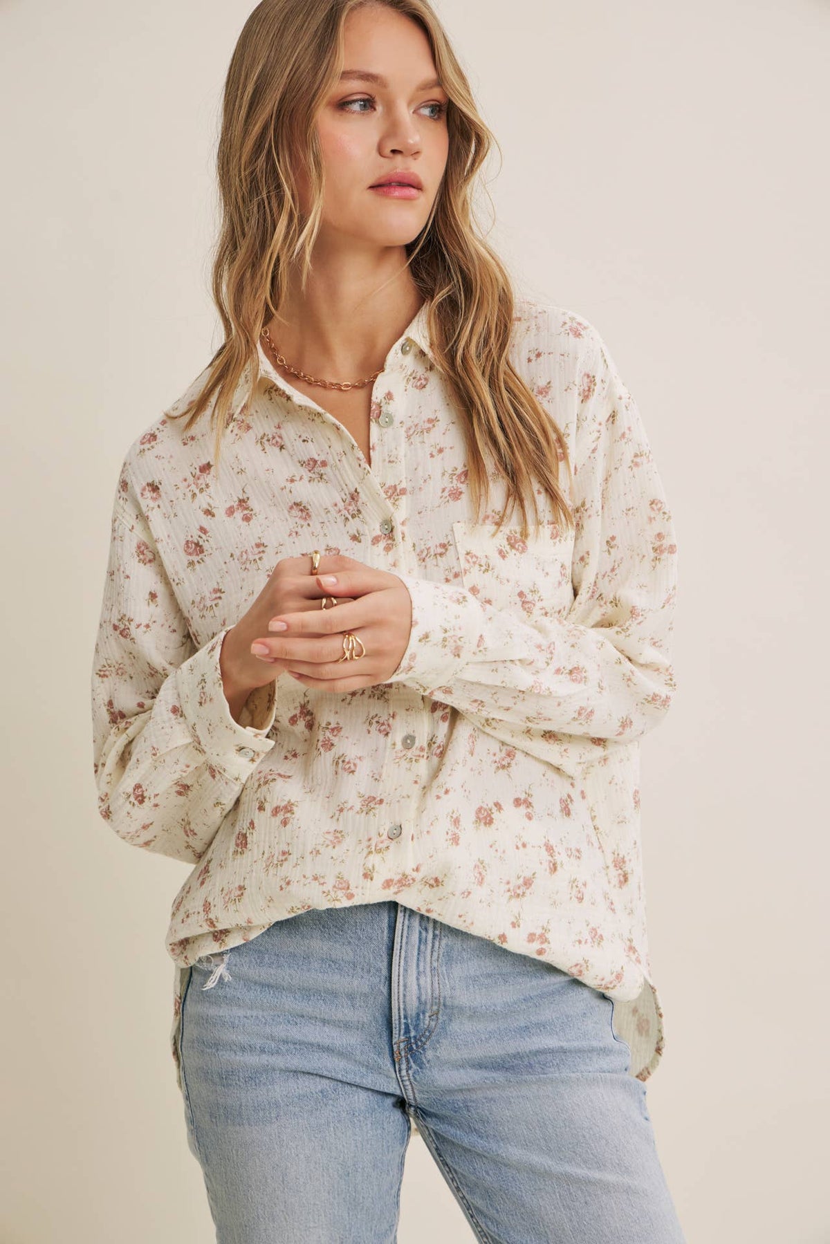 SOFT BREEZE FLORAL COTTON GAUZE RELAXED FIT SHIRT