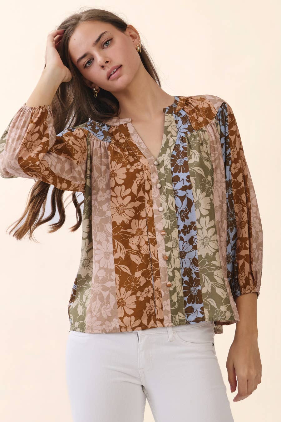 Mixed Floral Patchwork Print Blouse