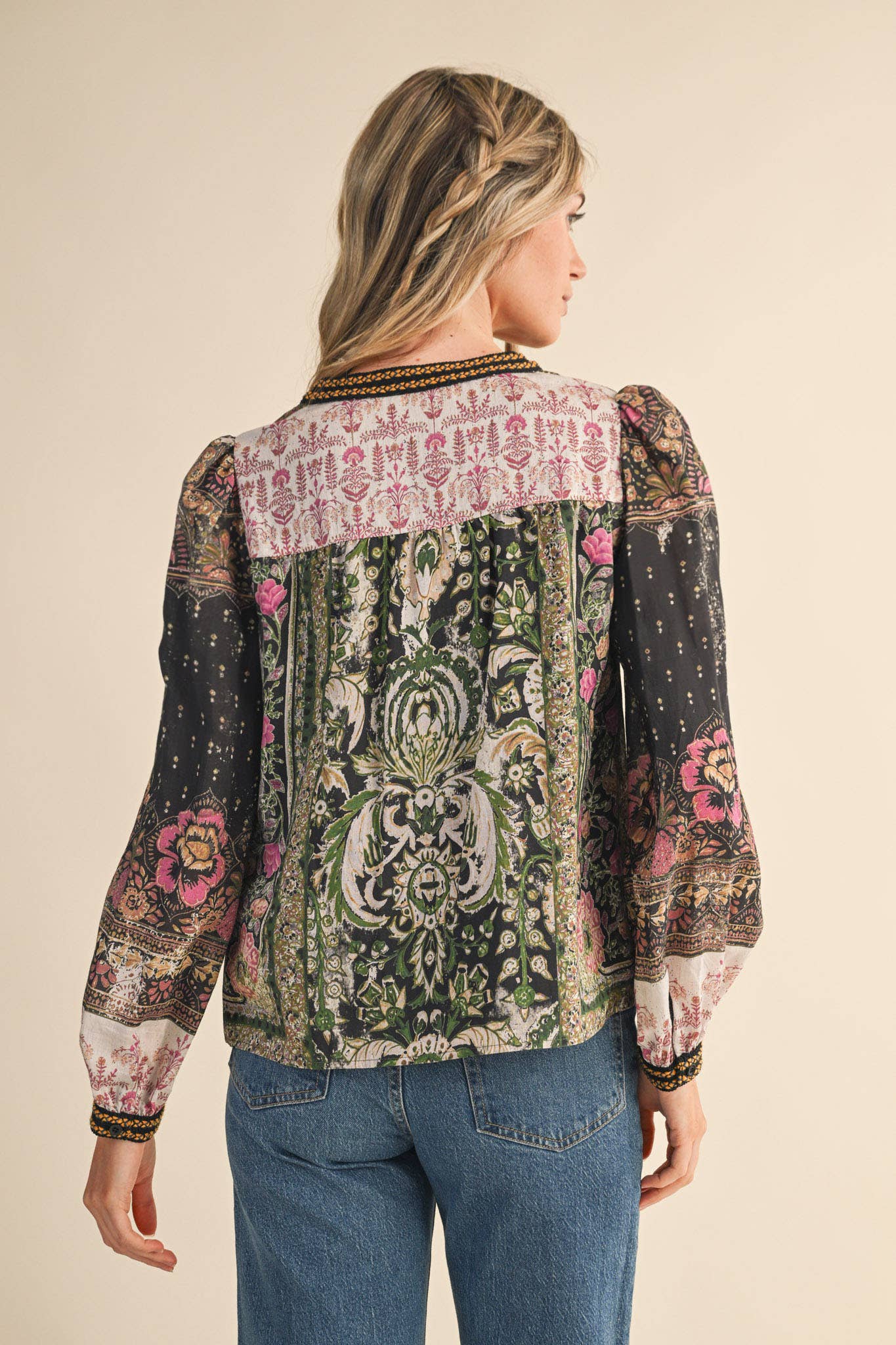 PATCHWORK PRINT CROCHET TRIM BUTTON DOWN TOP MTP4382