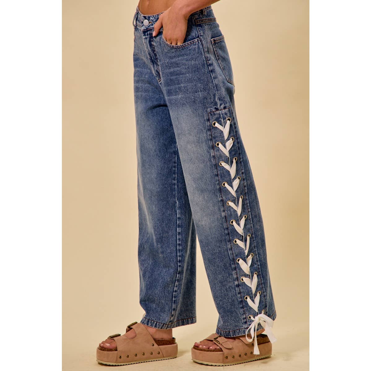 MID RISE STRAIGHT LEG DENIM SIDE LACE UP JEANS