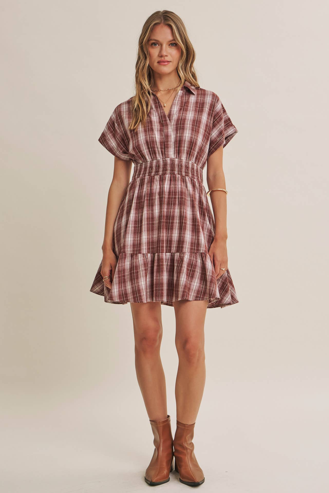AUTUMN PICNIC DROP SHOULDER PLAID SMOCKED WAIST MINI DRESS