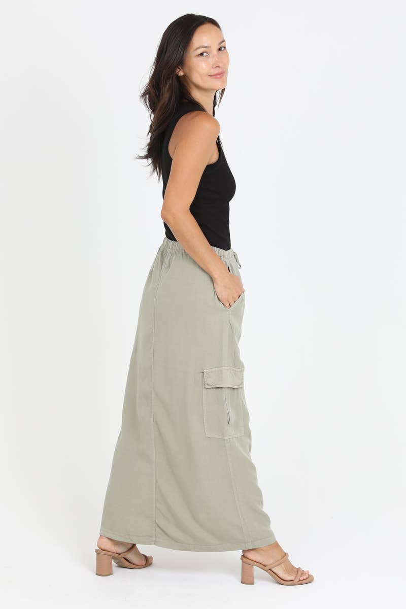 Tencel Cargo Pocket Maxi Skirt-Olive