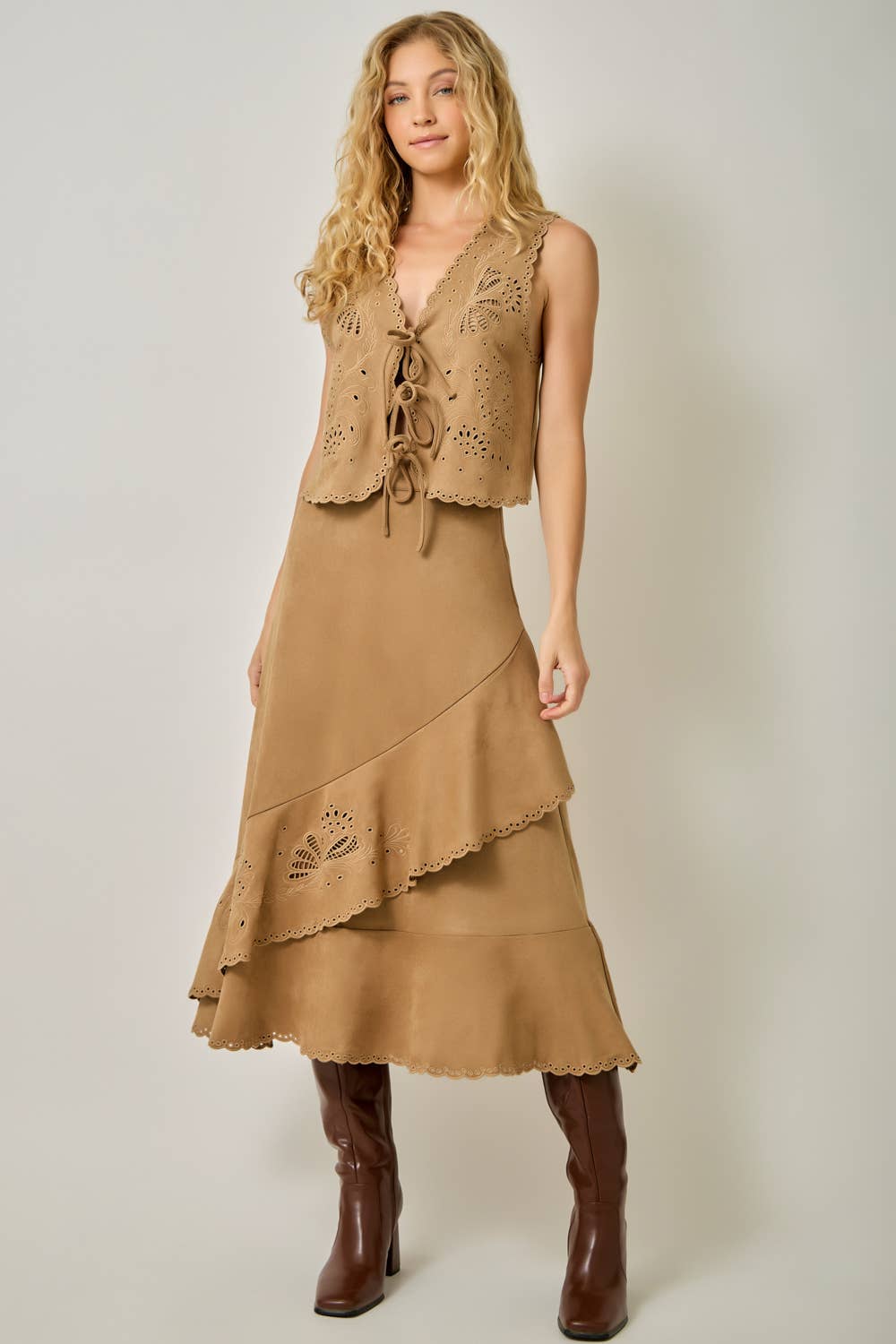 Suede Embroidered Front Tie Vest