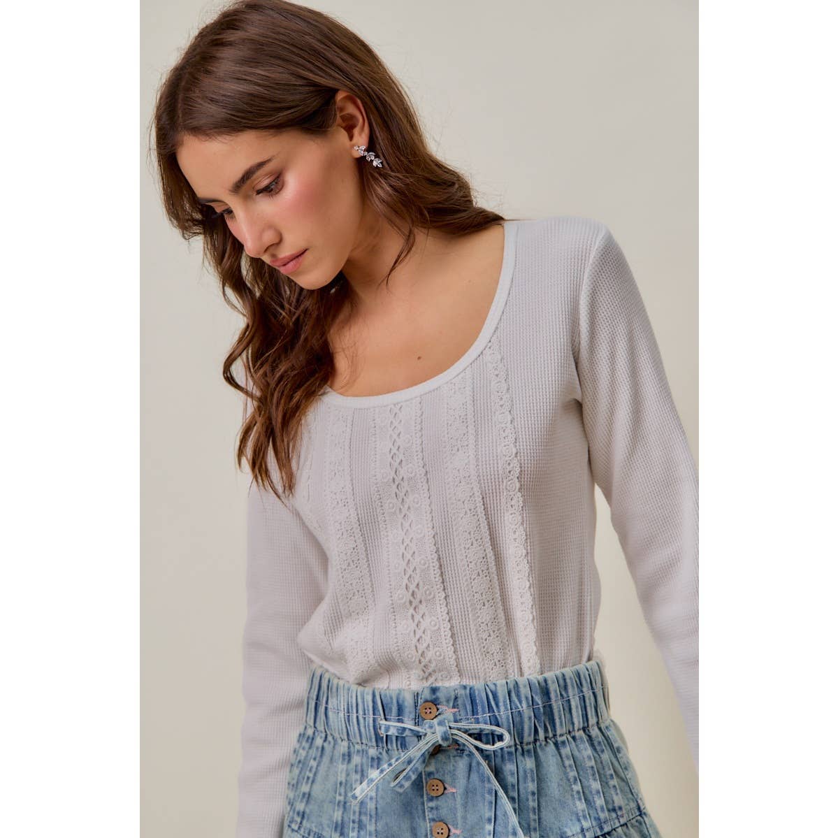 VINTAGE WASHED LACE CROP THERMAL WASHED KNIT TOP