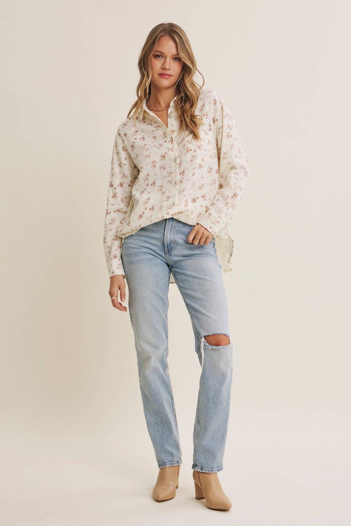 SOFT BREEZE FLORAL COTTON GAUZE RELAXED FIT SHIRT