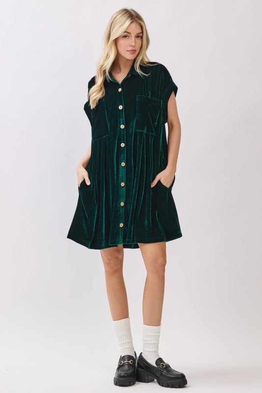 Hunter Green Velvet Shirt Dress