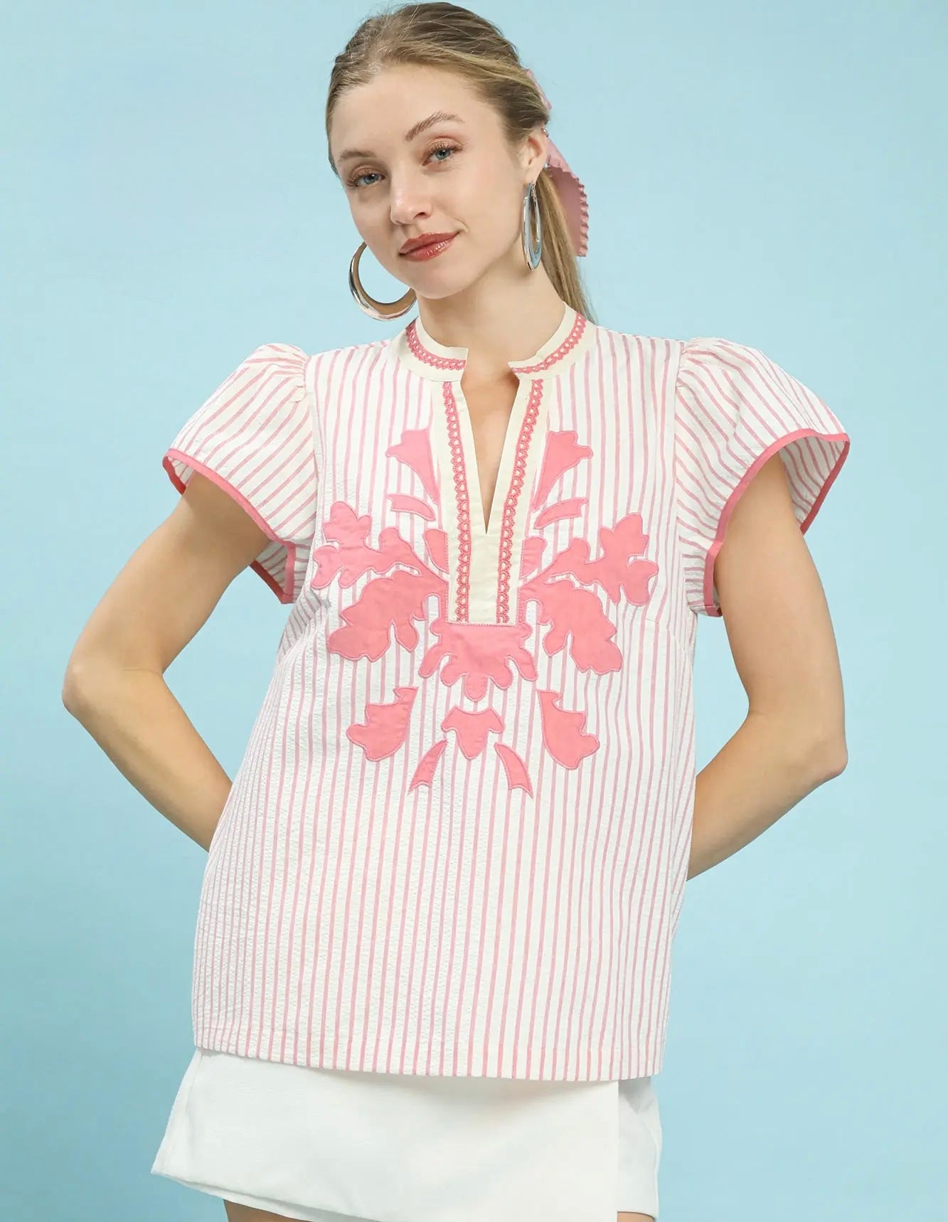 Striped Seersucker Appliqué Top-Pink