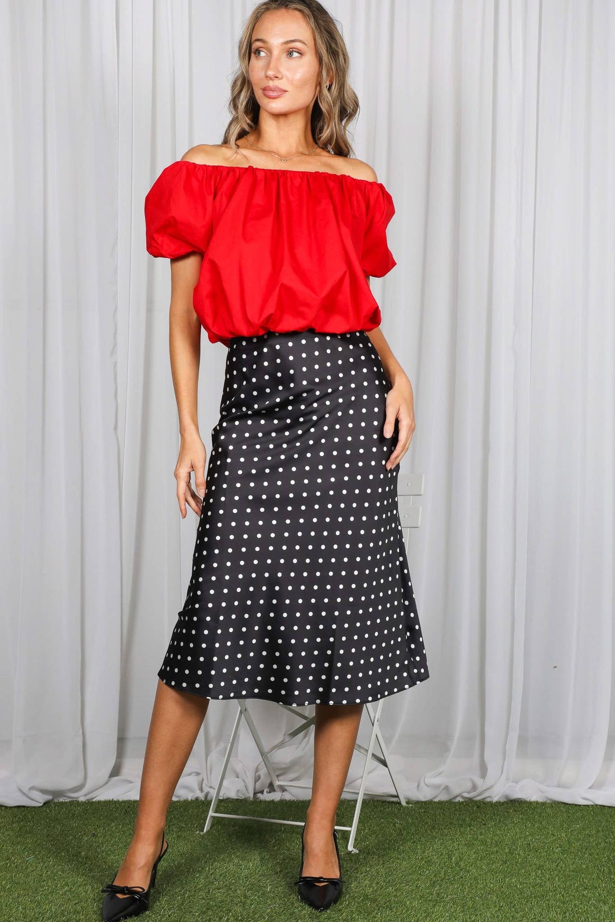 Polka Dot Print Bias Cut Satin Midi Skirt