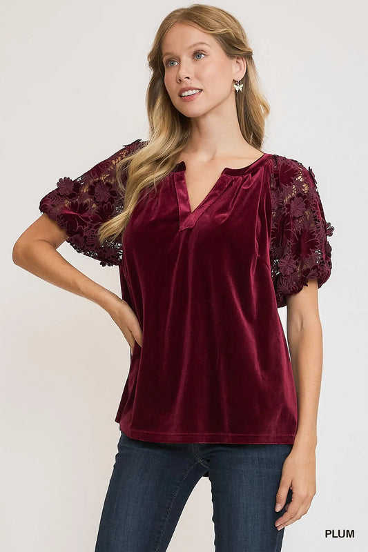 Burgundy Velvet & Lace Top