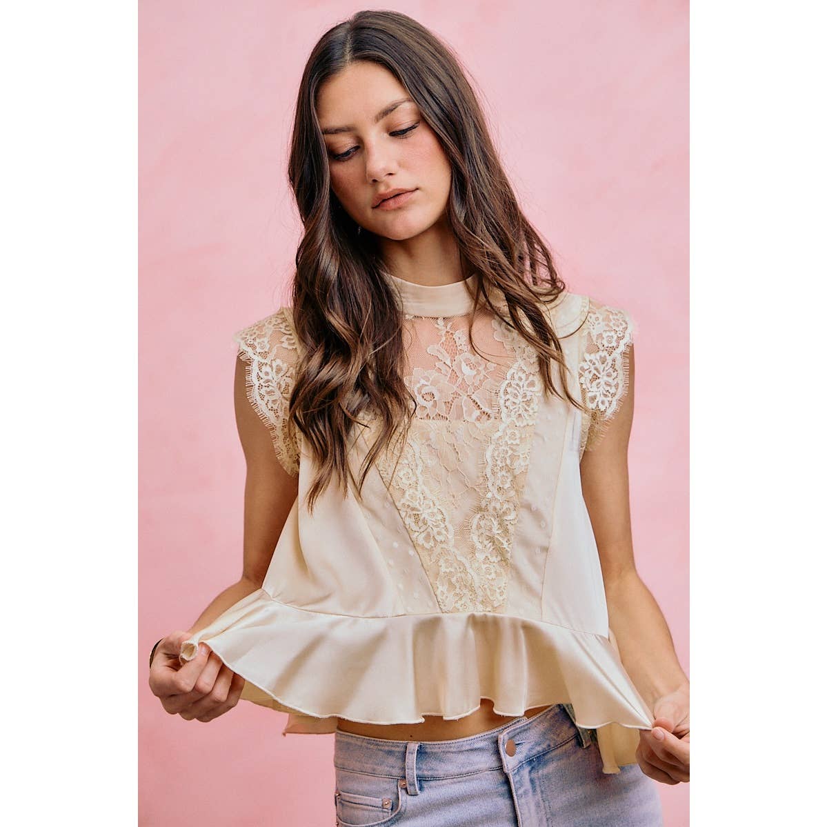 SATIN MOCK NECK LACE TRIM PEPLUM BLOUSE TOP: CREAM / S