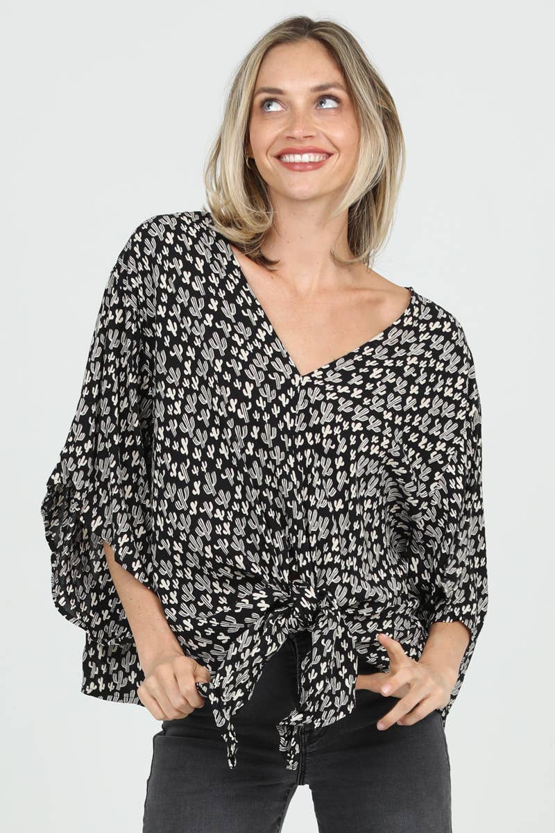 N2Q81-W980 CACTUS PRINT V NECK KIMONO SLEEVE BLOUSE WITH TIE