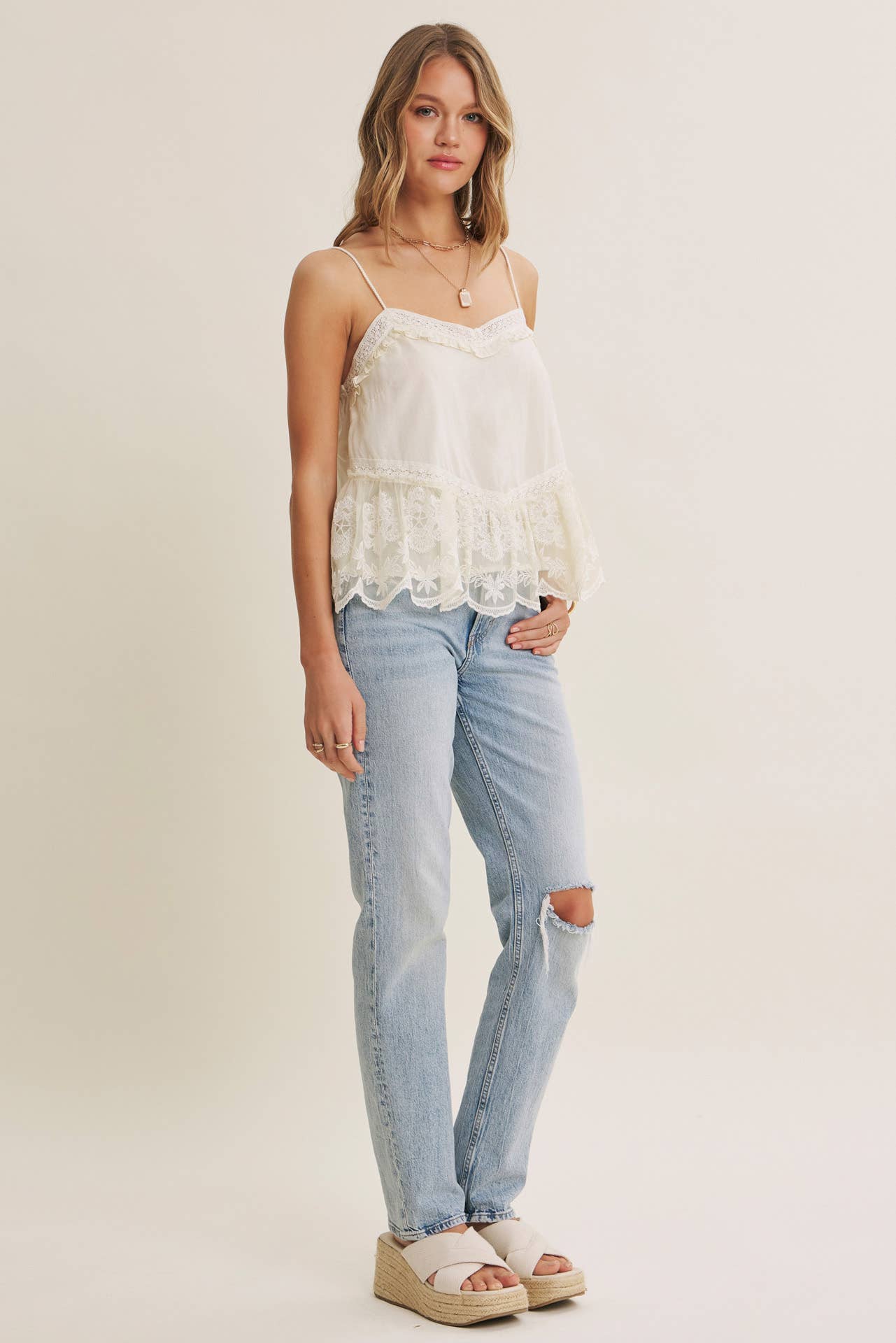 Soft Cotton Flare Camisole with Embroidered Lace
