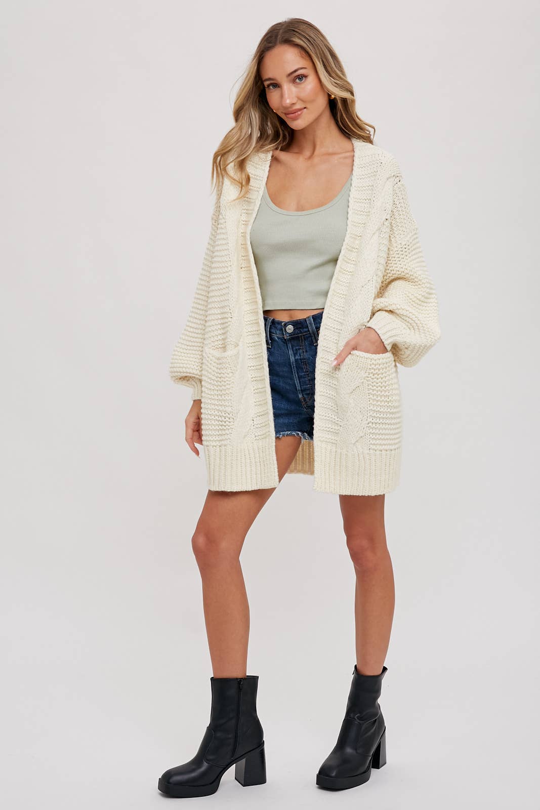 Ivory Chunky Cable Lantern Sleeve Cardigan