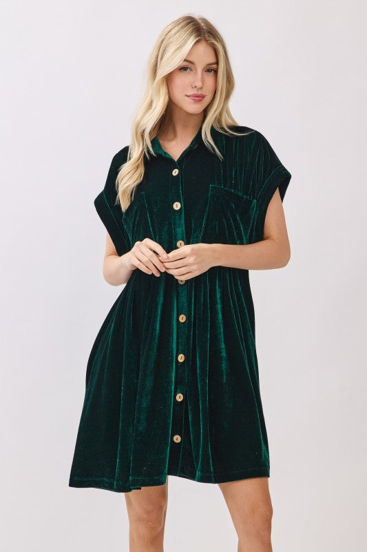 Hunter Green Velvet Shirt Dress