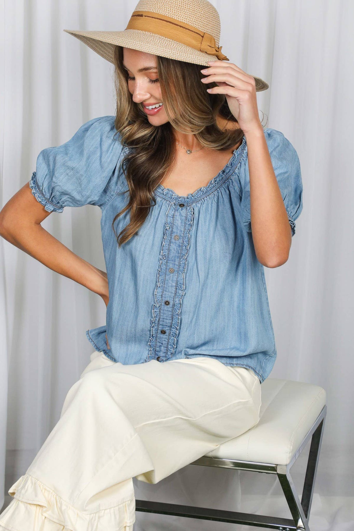 Ruffled Short Puff Sleeve 100%Tencel Chambray Top