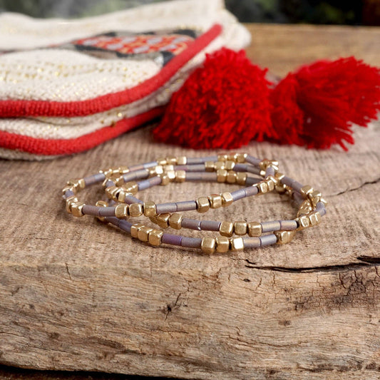 Layered Colorful and Gold Beaded Bracelets Sets: Purple