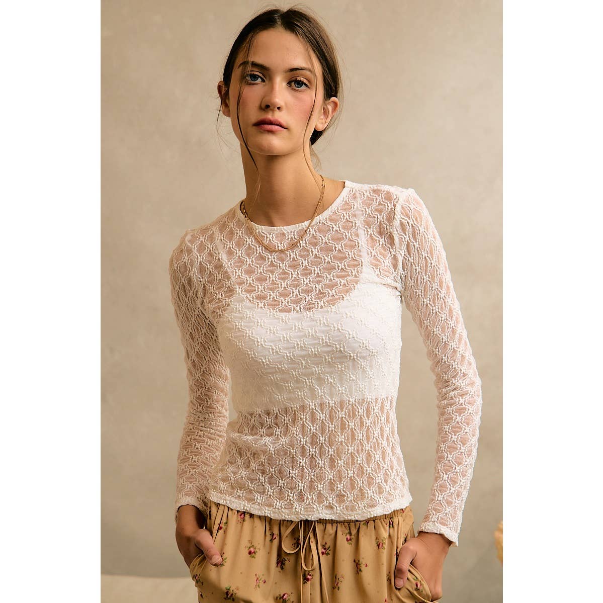 ROMANTIC FLORAL STRETCH LACE LONG SLEEVE TOP