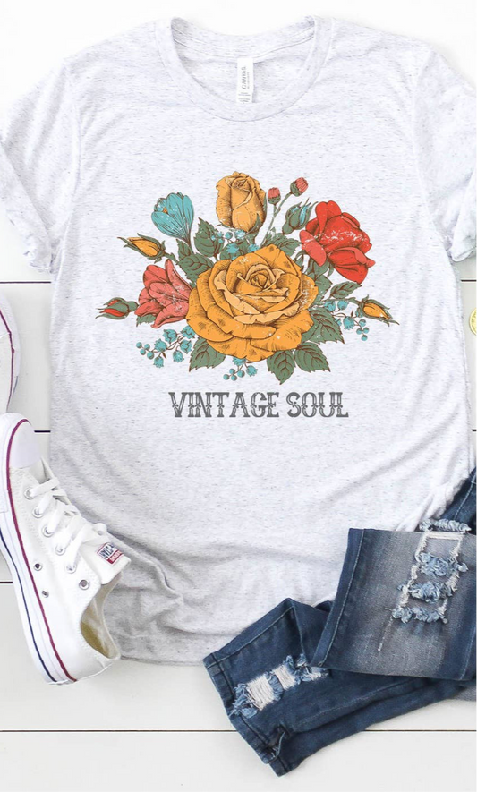 Vintage Soul, Floral Rose, Spring Flower Bouquet Graphic Tee-Heather Grey