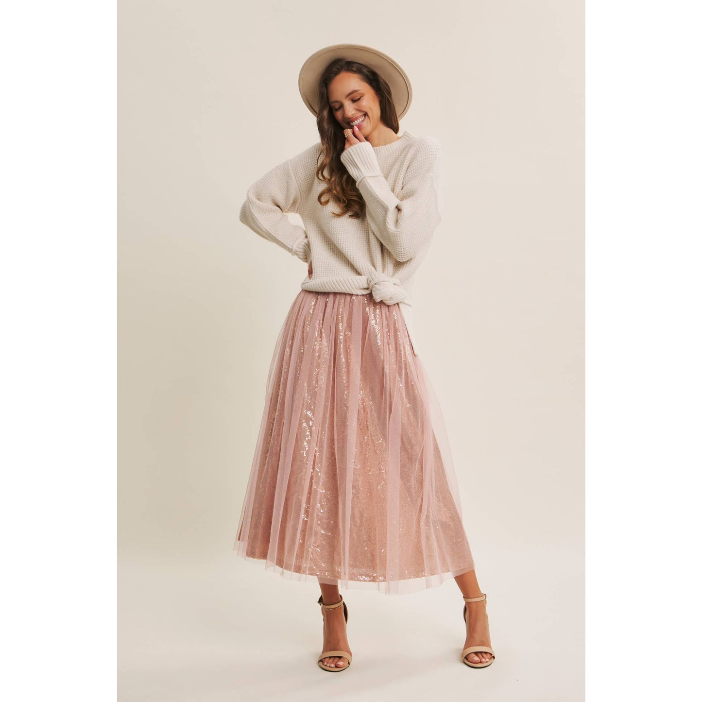 Dance the Night Away Blush Sequin Tulle Midi Skirt