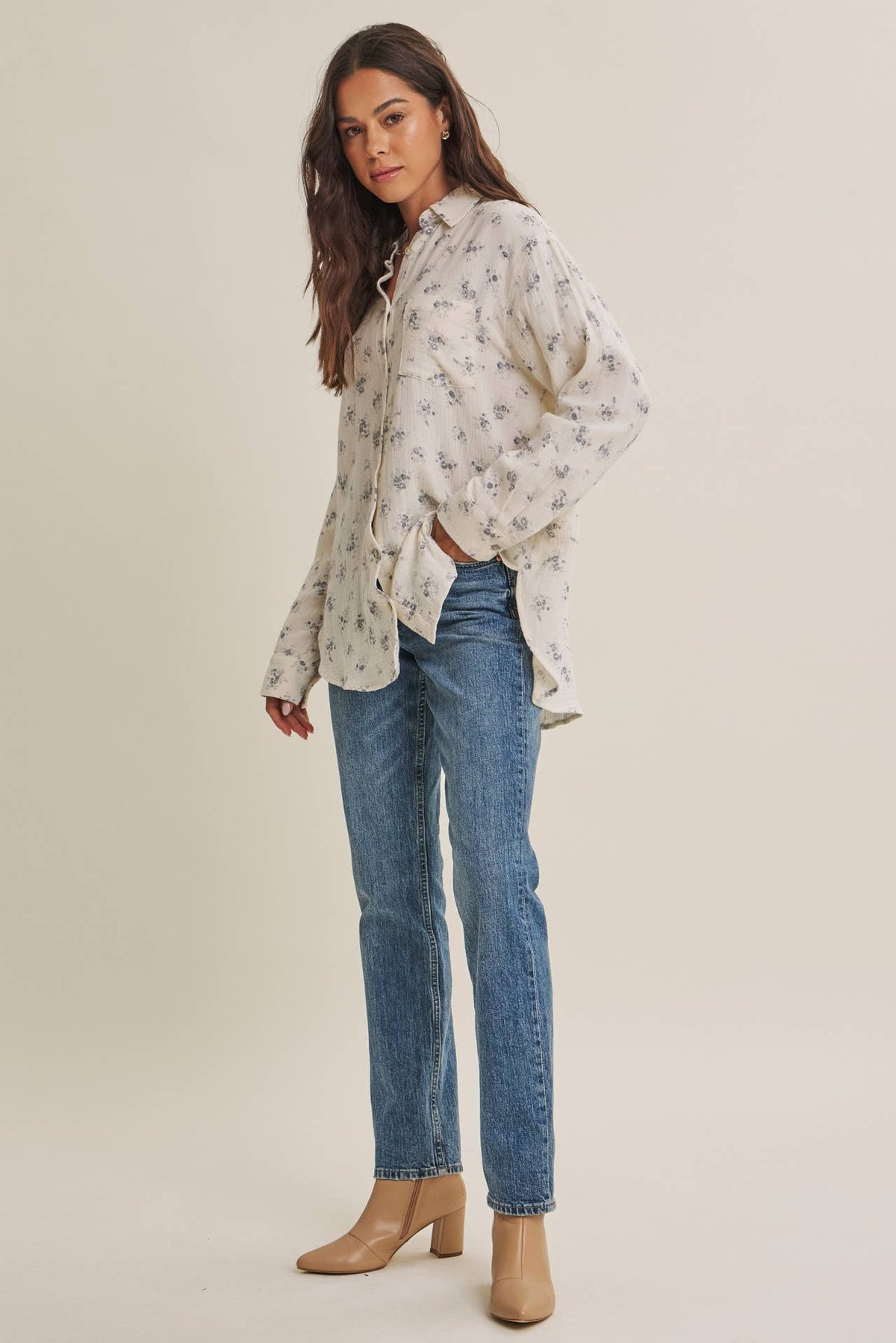 SOFT BREEZE FLORAL COTTON GAUZE RELAXED FIT SHIRT