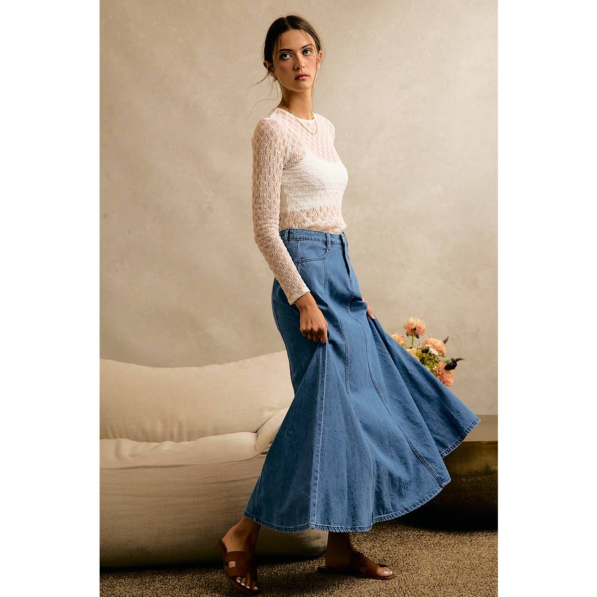 PLEATED DENIM WASHED WIDE FLOWY FIT MAXI SKIRT