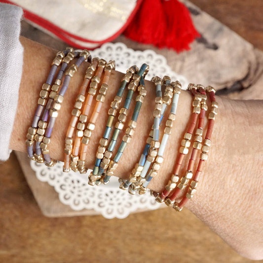 Layered Colorful and Gold Beaded Bracelets Sets: Green
