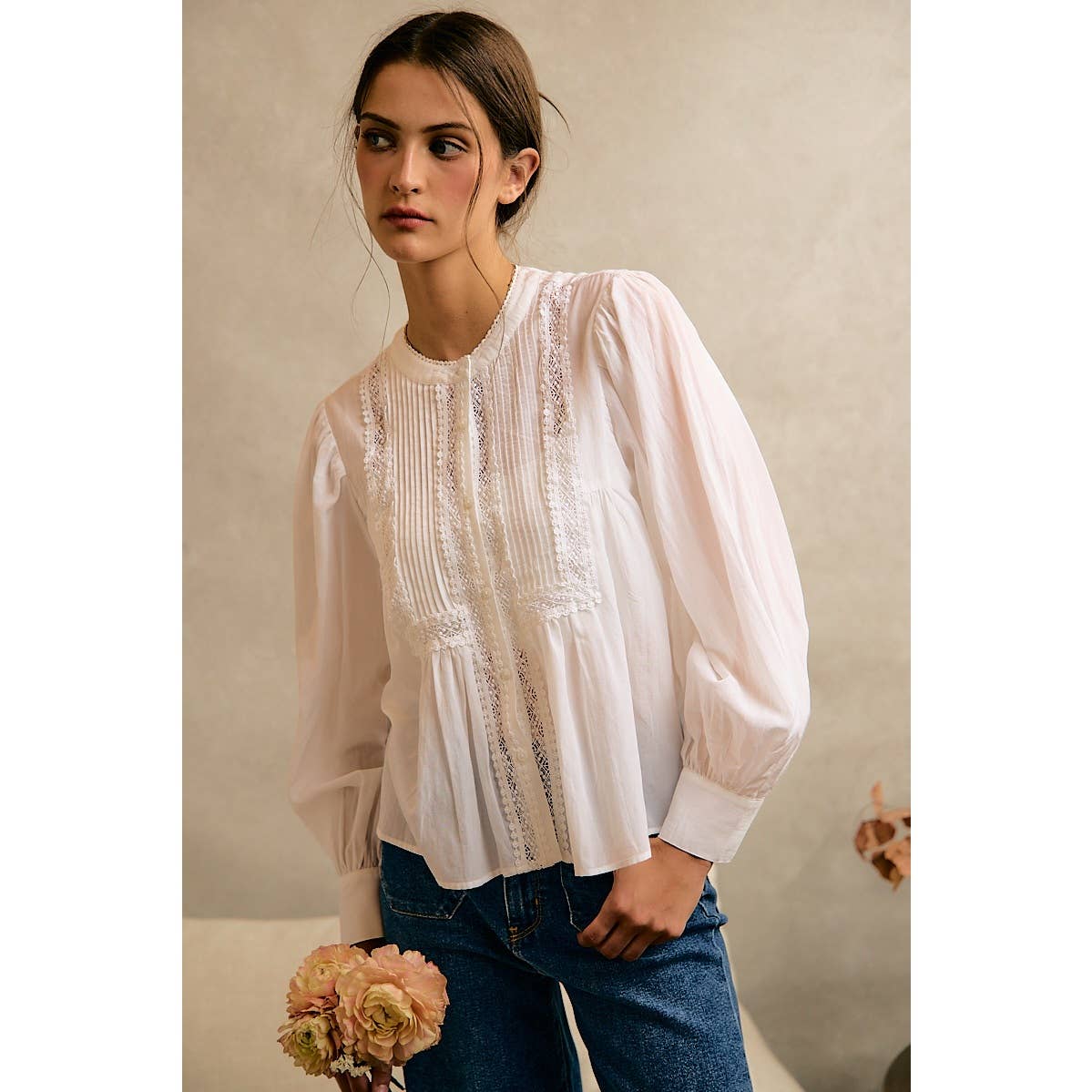PLEATED LACE TRIM BUTTON-UP BLOUSE