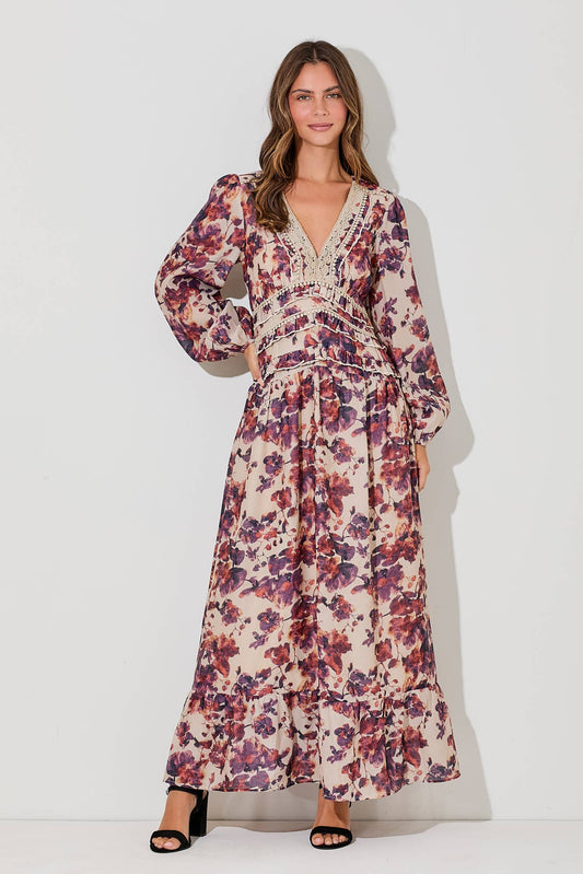 Burgundy & Taupe Lace Floral Maxi Dress