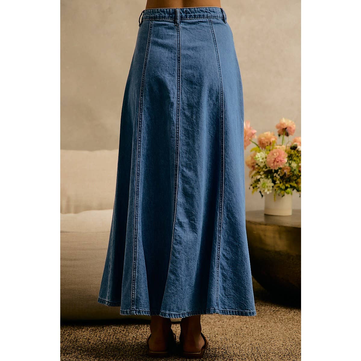 PLEATED DENIM WASHED WIDE FLOWY FIT MAXI SKIRT
