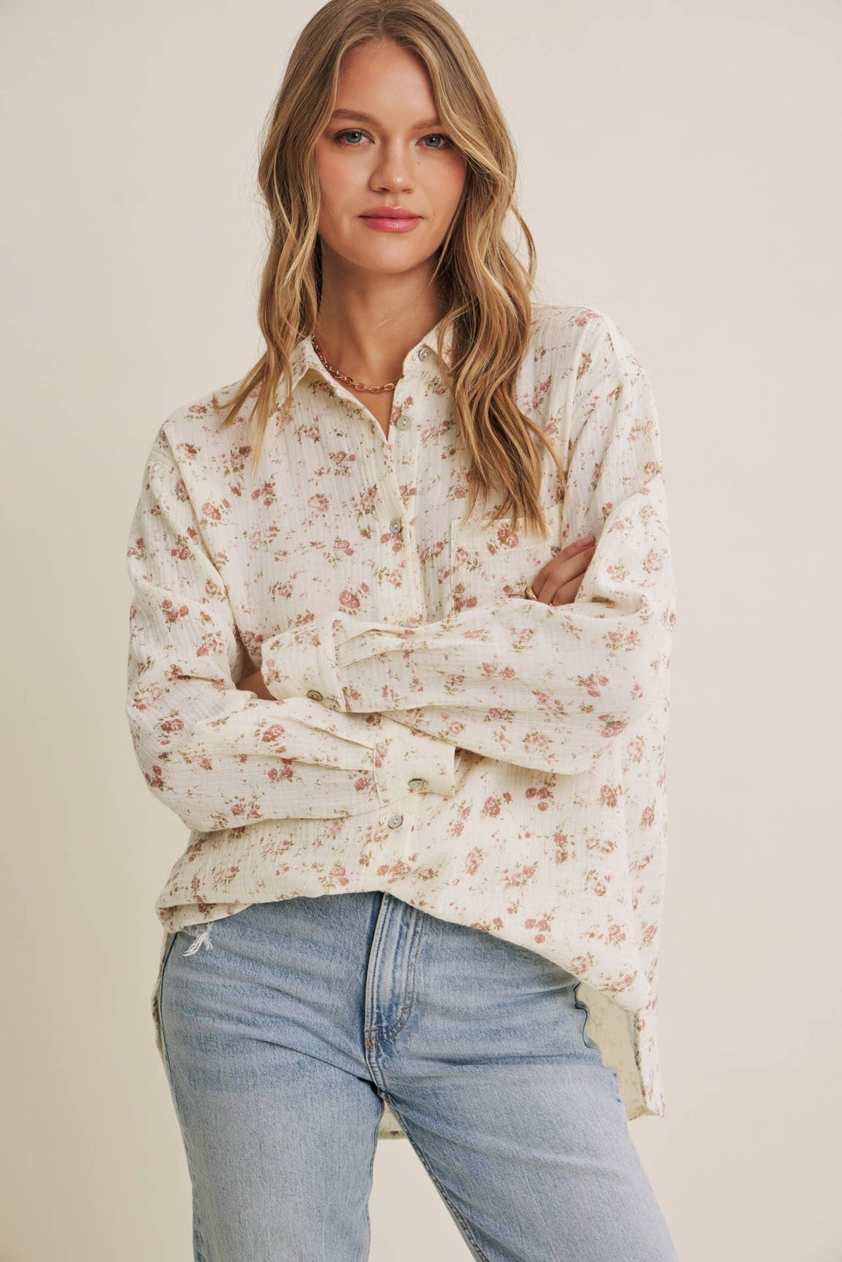 SOFT BREEZE FLORAL COTTON GAUZE RELAXED FIT SHIRT