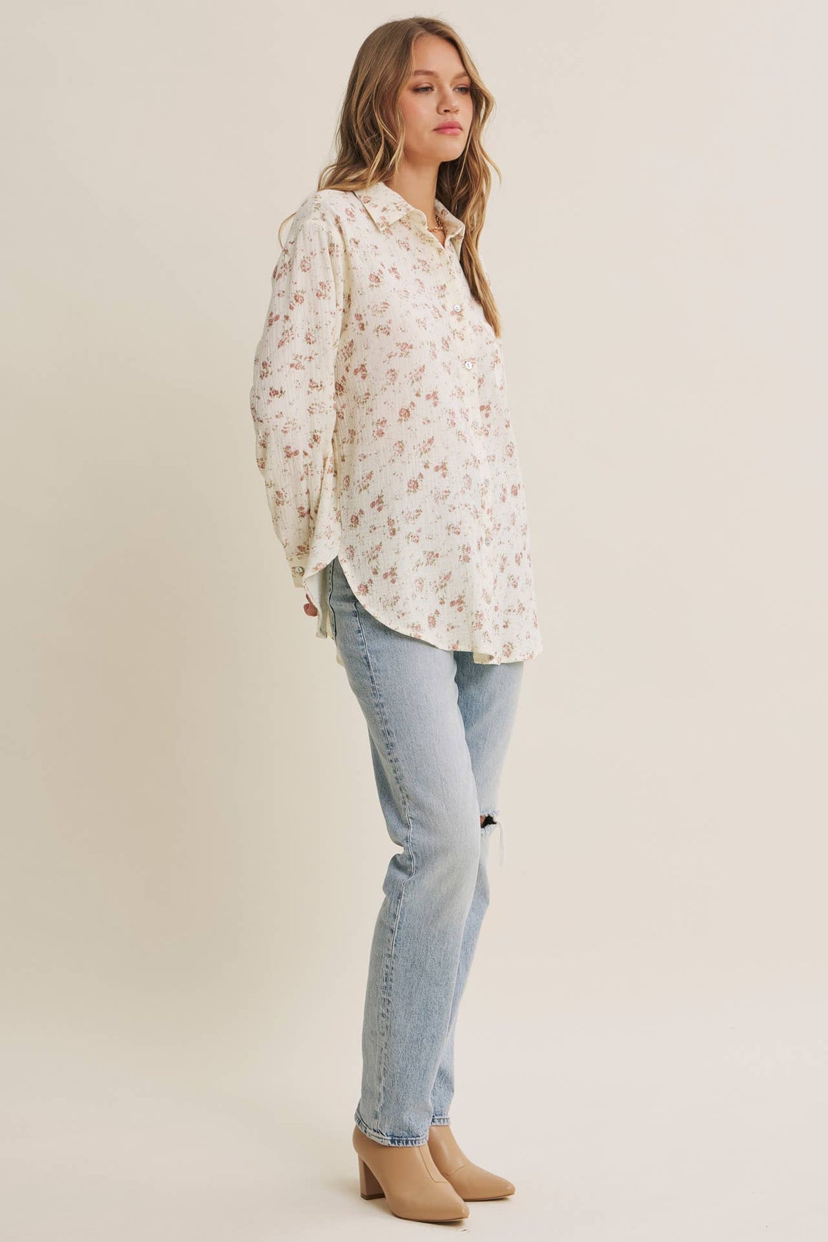 SOFT BREEZE FLORAL COTTON GAUZE RELAXED FIT SHIRT