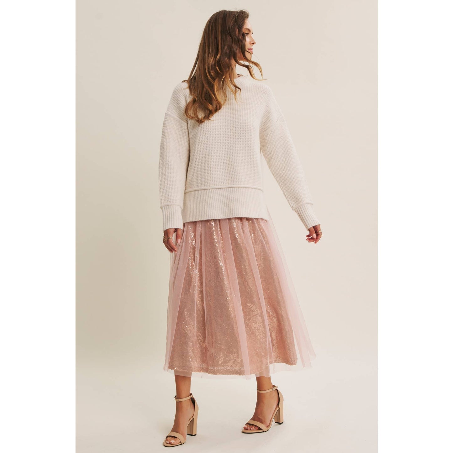 Dance the Night Away Blush Sequin Tulle Midi Skirt