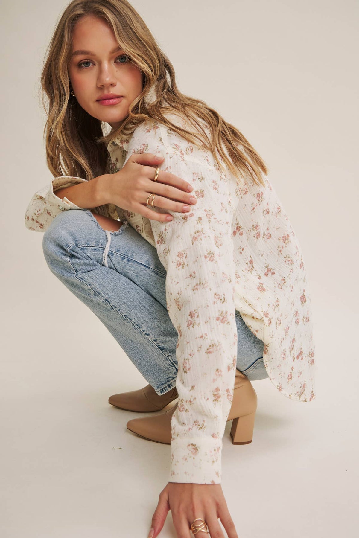 SOFT BREEZE FLORAL COTTON GAUZE RELAXED FIT SHIRT