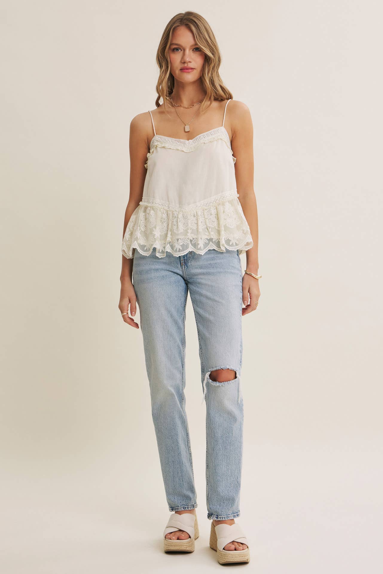 Soft Cotton Flare Camisole with Embroidered Lace