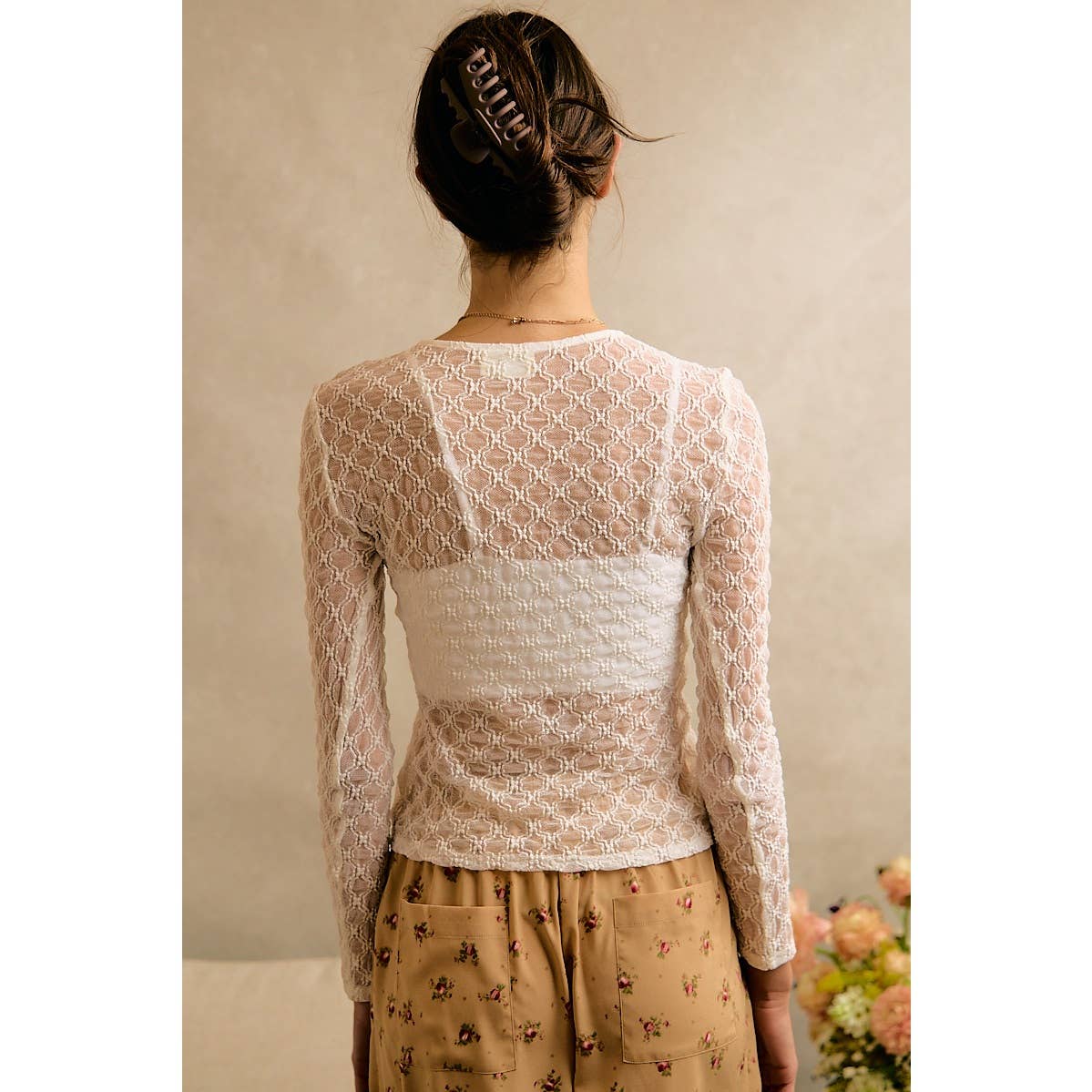 ROMANTIC FLORAL STRETCH LACE LONG SLEEVE TOP