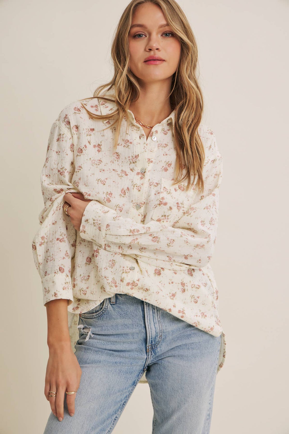 SOFT BREEZE FLORAL COTTON GAUZE RELAXED FIT SHIRT