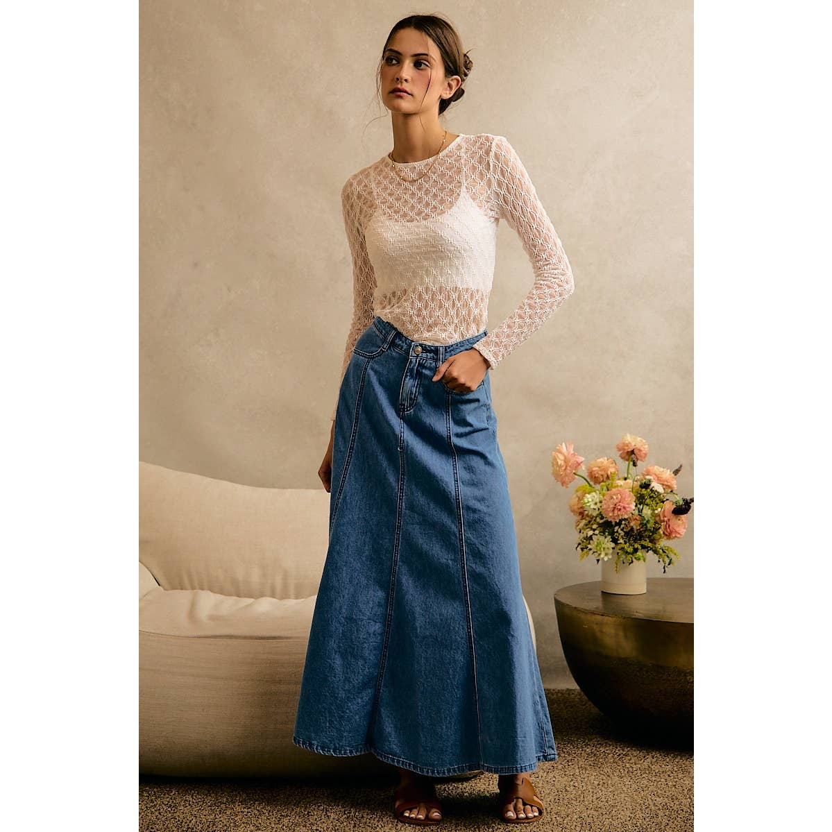 PLEATED DENIM WASHED WIDE FLOWY FIT MAXI SKIRT