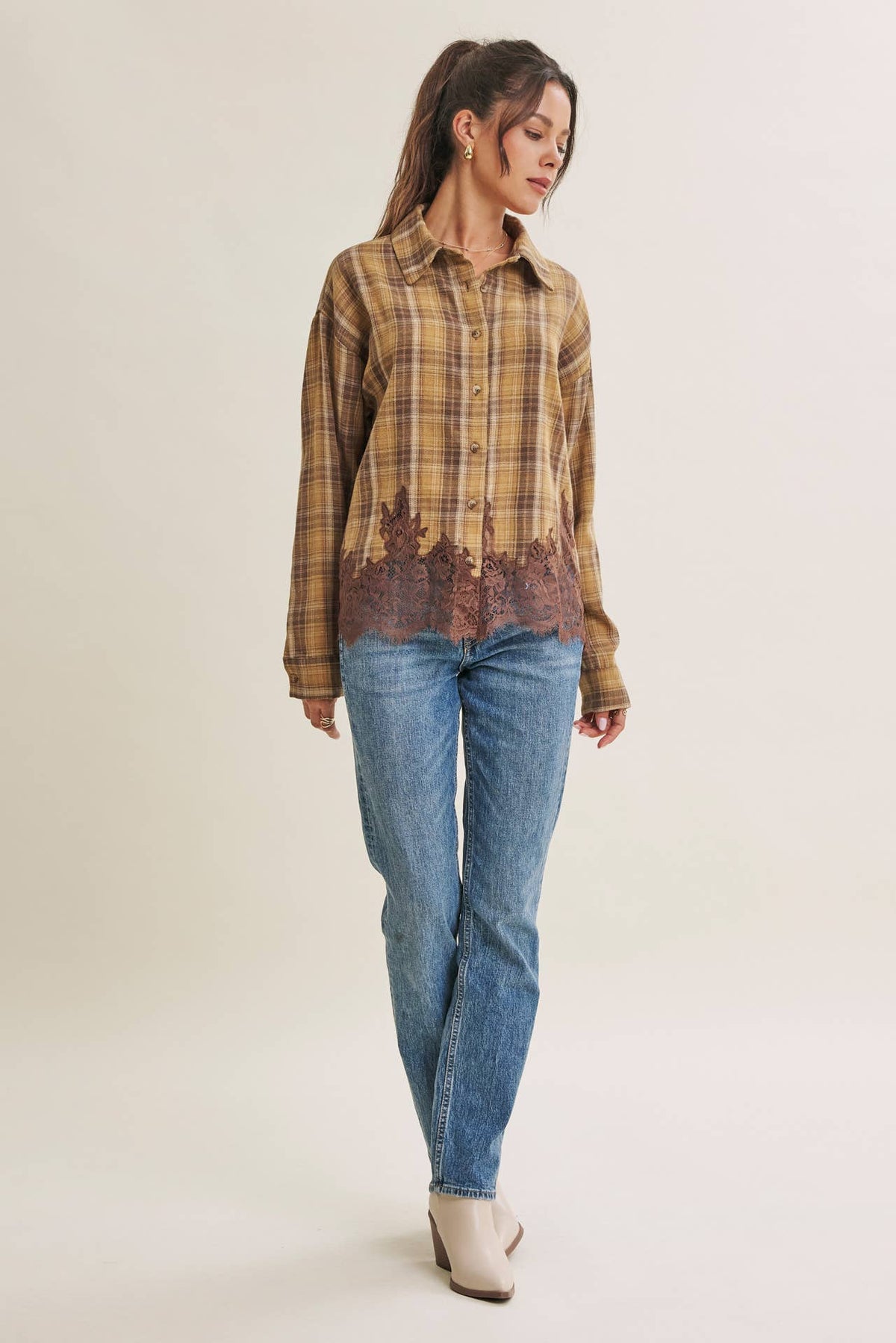 WESTERN ROMANTIC PLAID EYELASH LACE HEM BUTTON-DOWN SHIRT