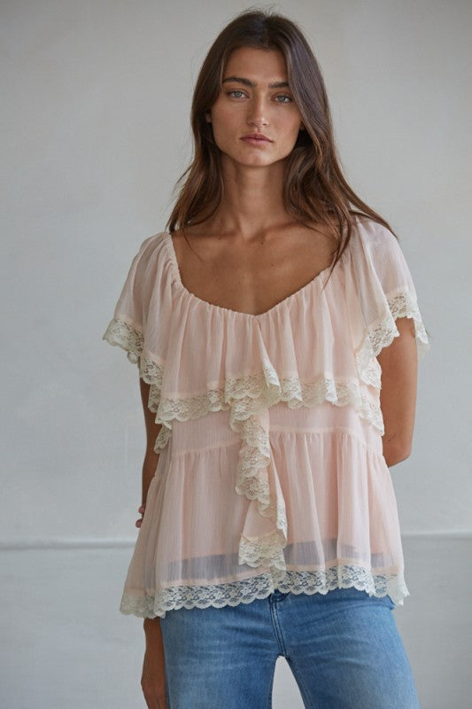 Pale Blush Ruffle and Lace Top