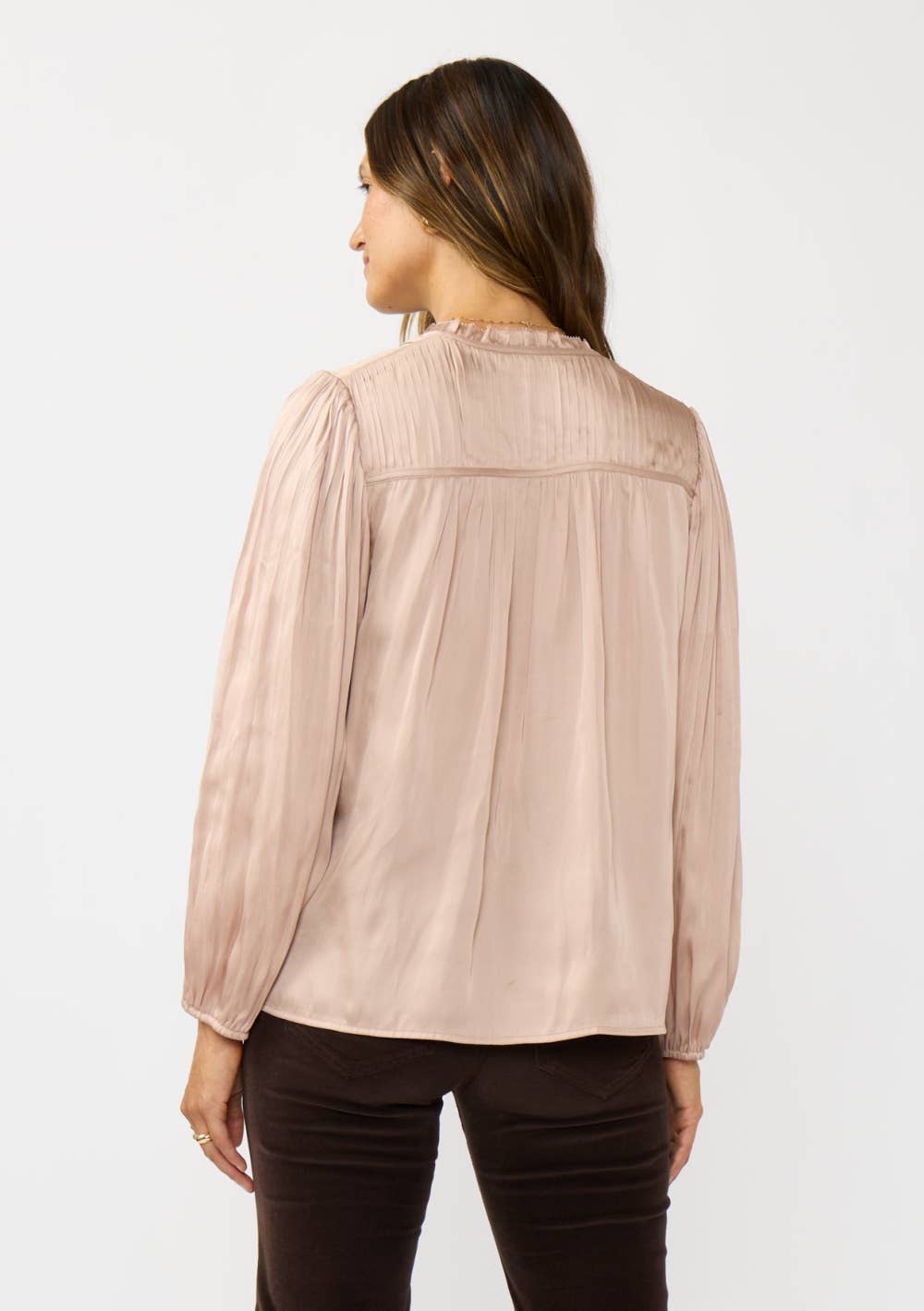 Split Neck Blush Pleated Satin Blouse