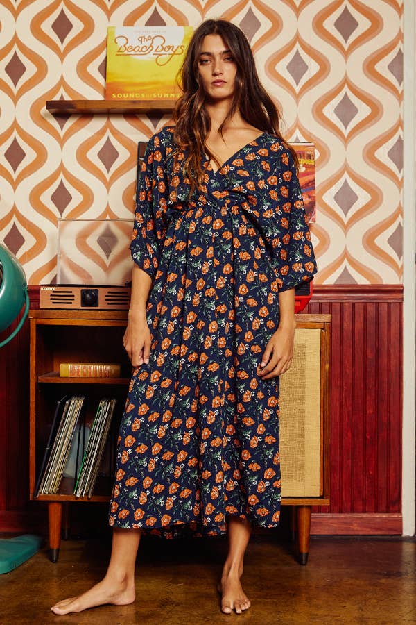Navy & Rust Floral Printed V-neck Kimono Style Midi Dress