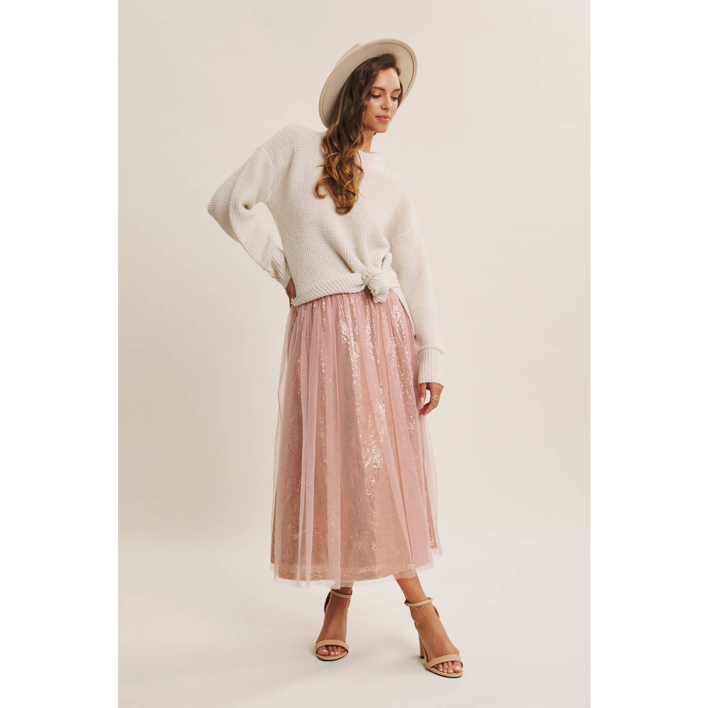 Dance the Night Away Blush Sequin Tulle Midi Skirt