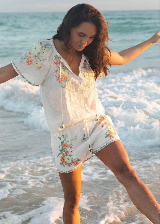 Island Time Embroidered Cotton Top & Shorts Set
