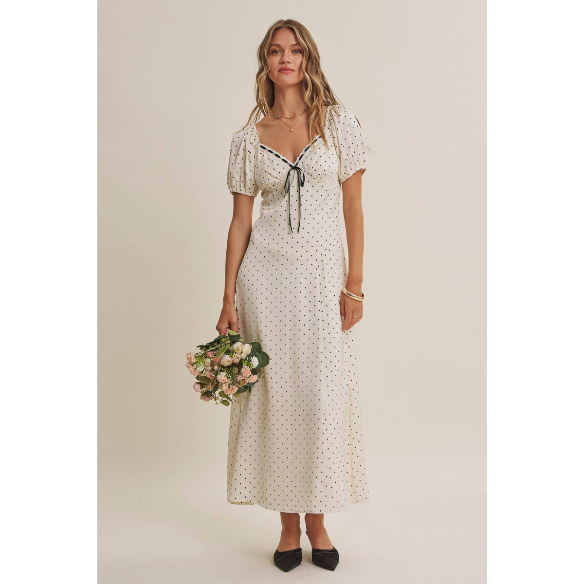 Vintage Paris Flowy Fit & Flare Polka Dot Satin Midi Dress-Ivory/Black