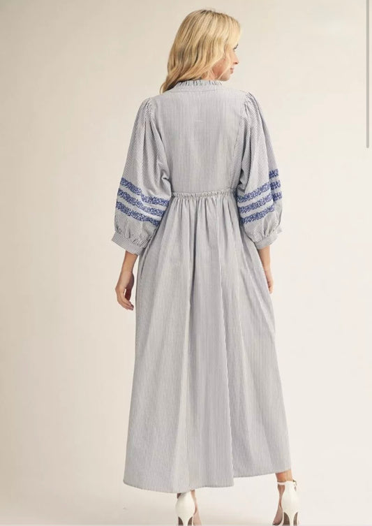 Blue Striped Midi Dress with Embroidery