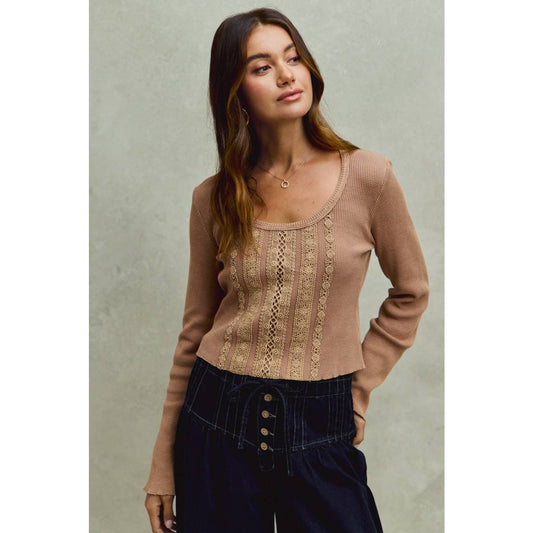 VINTAGE WASHED LACE CROP THERMAL WASHED KNIT TOP