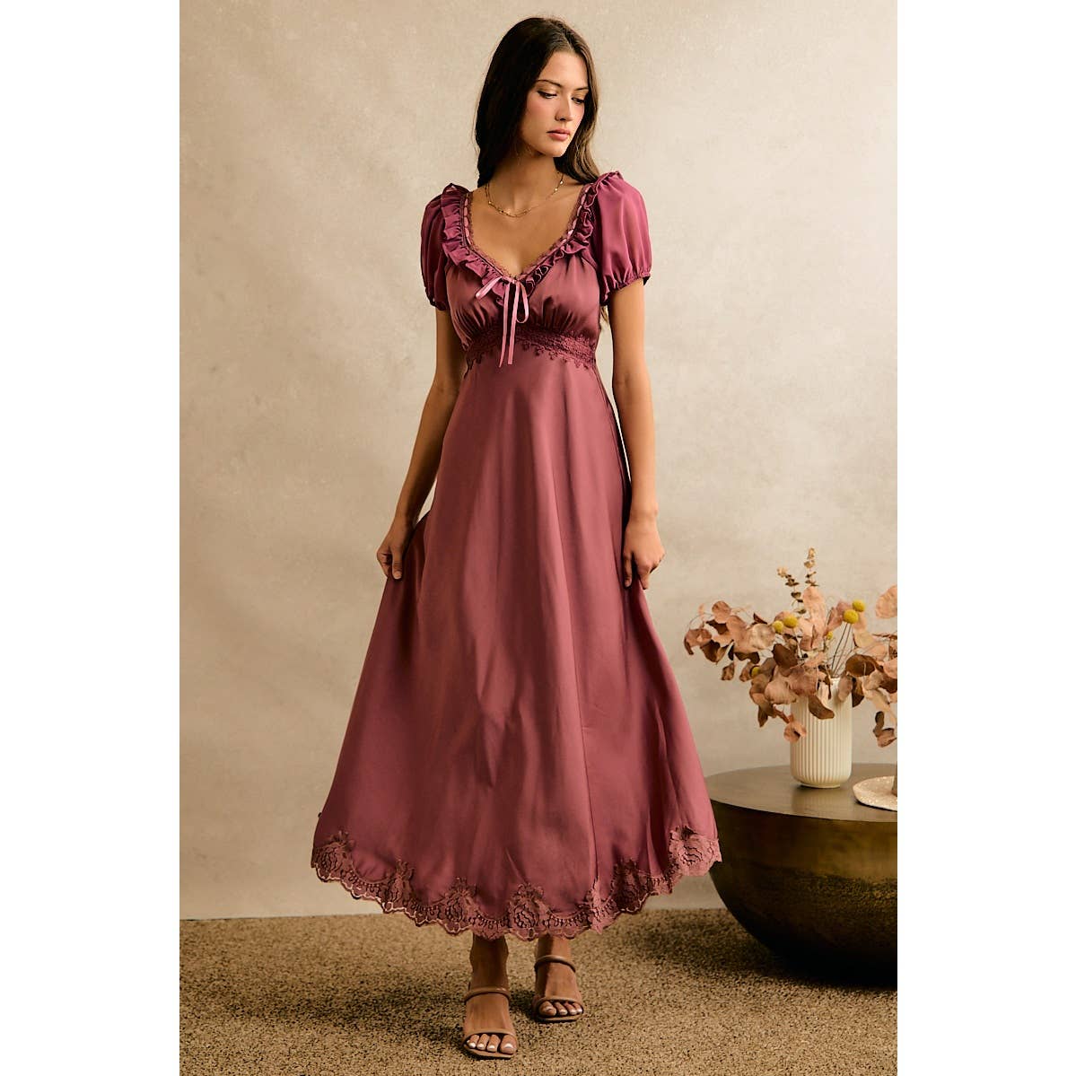 V NECK RUFFLE SLIP SATIN MAXI DRESS