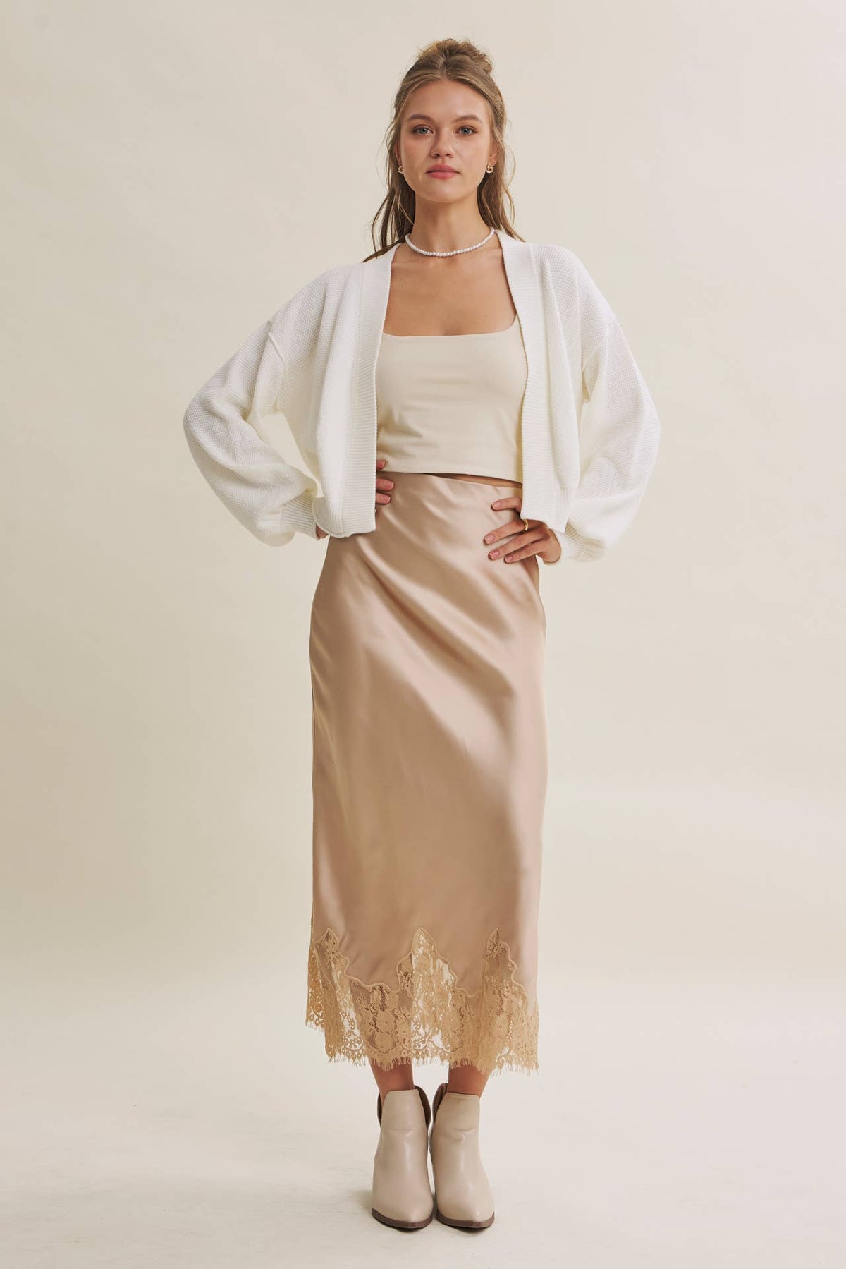 Champagne and French Lace Satin Midi Skirt
